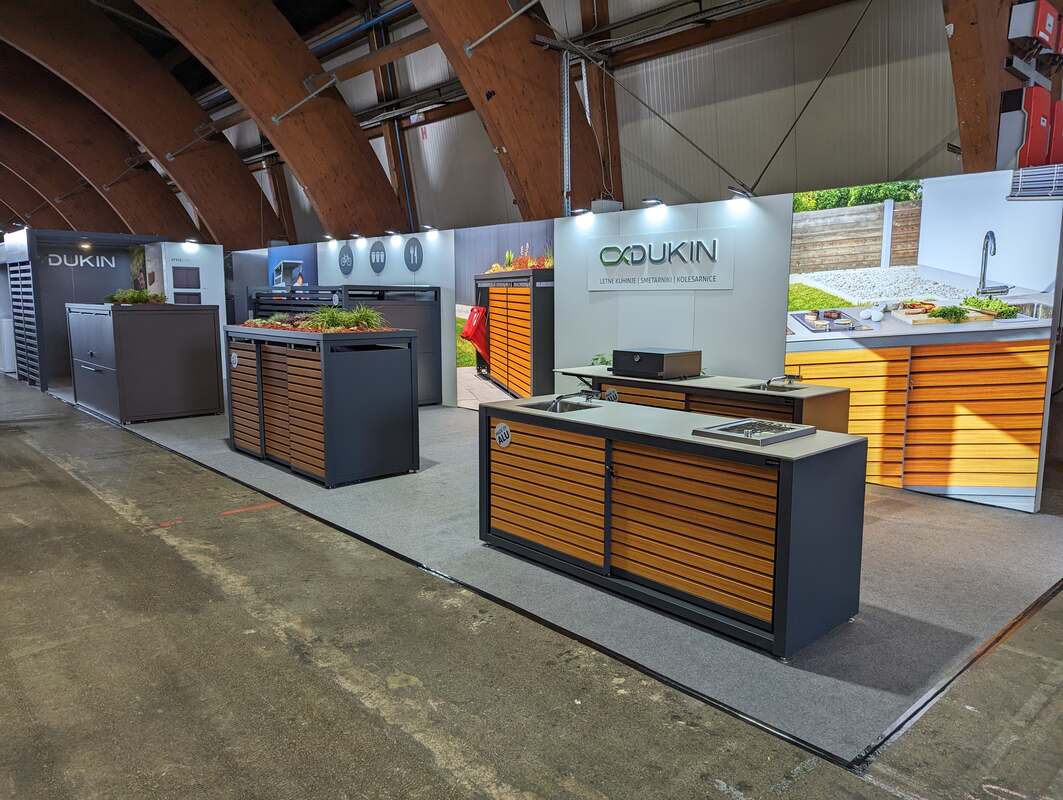 Dukin 55th MOS Fair stand featuring outdoor kitchens, waste enclosures and bike storage