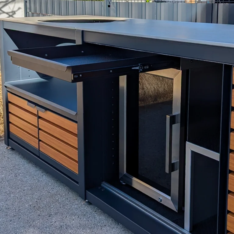 Built-in accessories in Dukin outdoor kitchen – drawer, fridge, narrow shelf